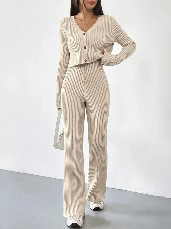 Ribbed Knit Cardigan And Knit Trouser Set