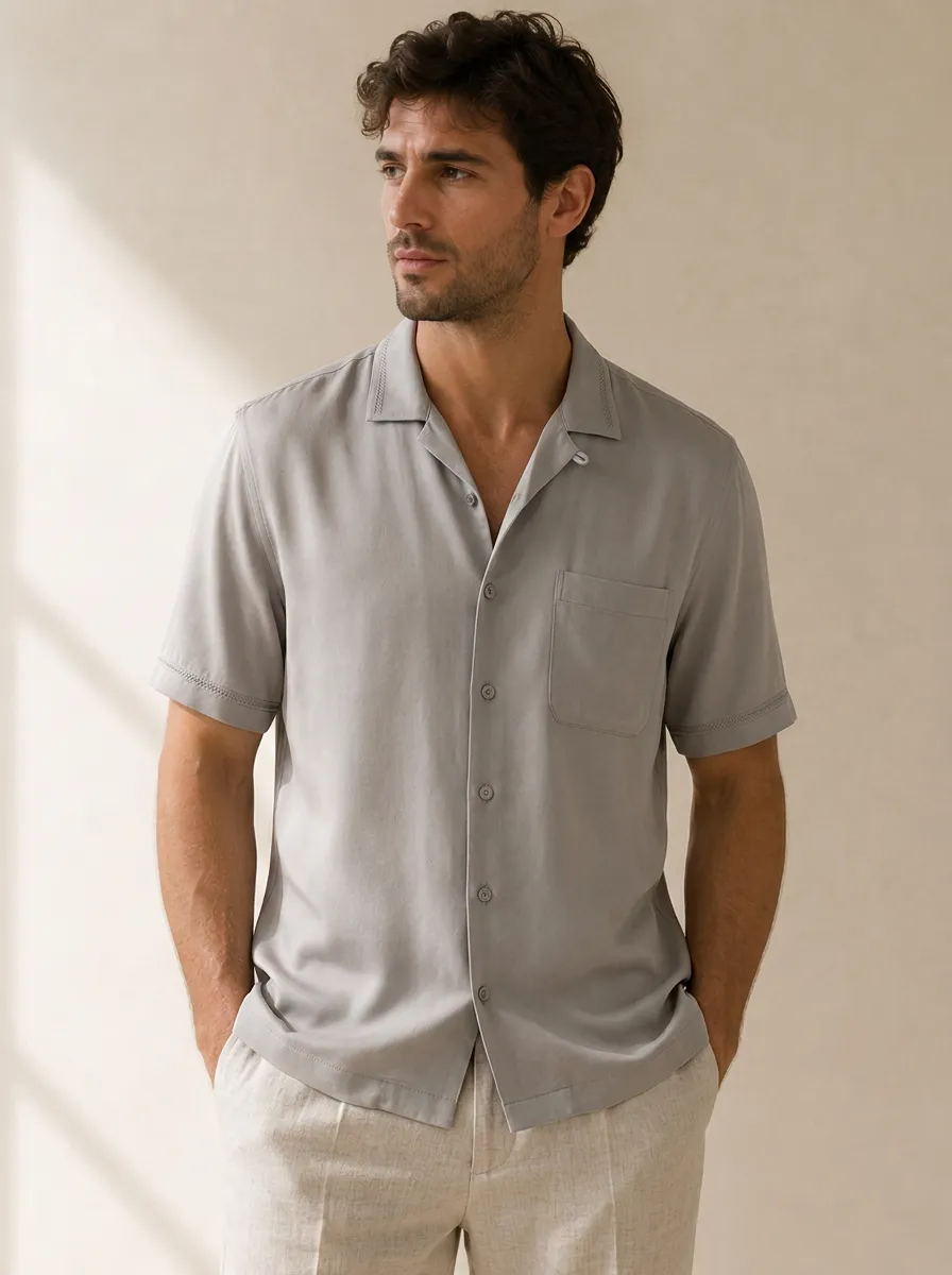 Men's Minimalist Casual Grey Cuban Collar Button-up Shirt