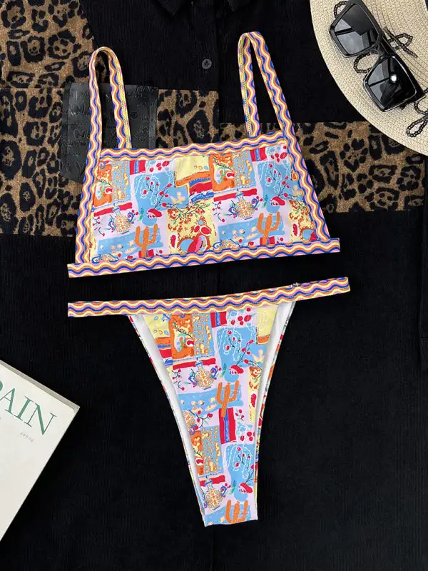 One Piece Bandeau Colorful Ethnic Print Swim Set