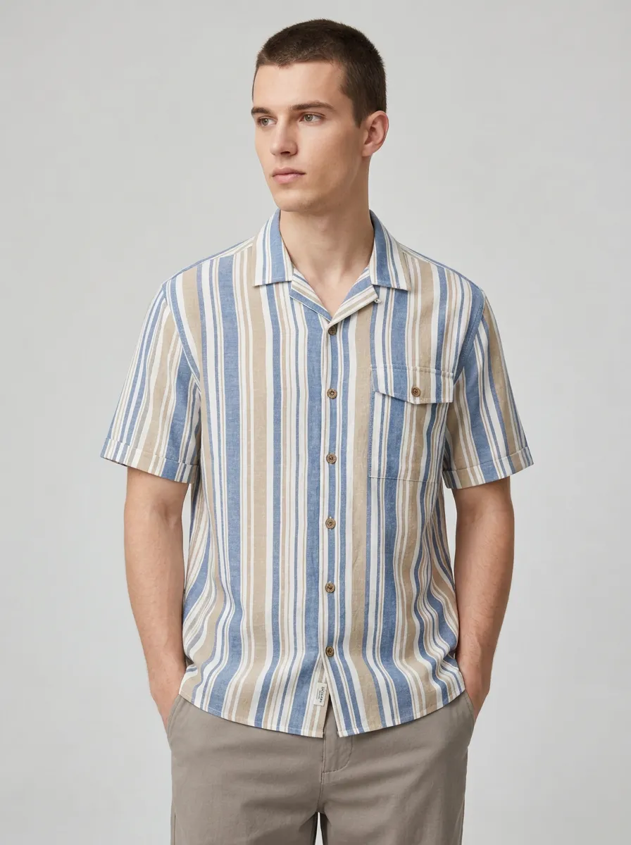 Men's Casual Summer Blue Beige Striped Printed Short Sleeve Shirt