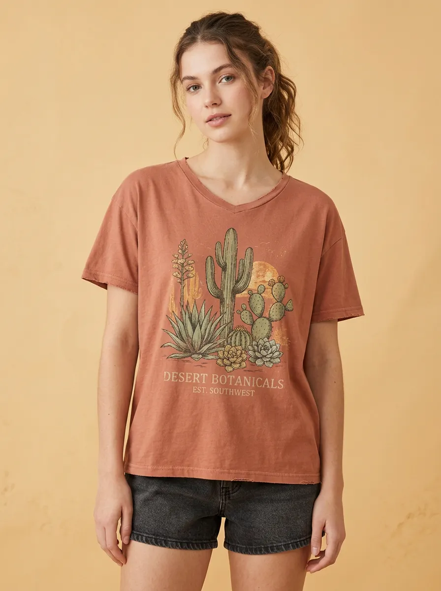 Women's Desert Botanical Cactus Printed T-shirt