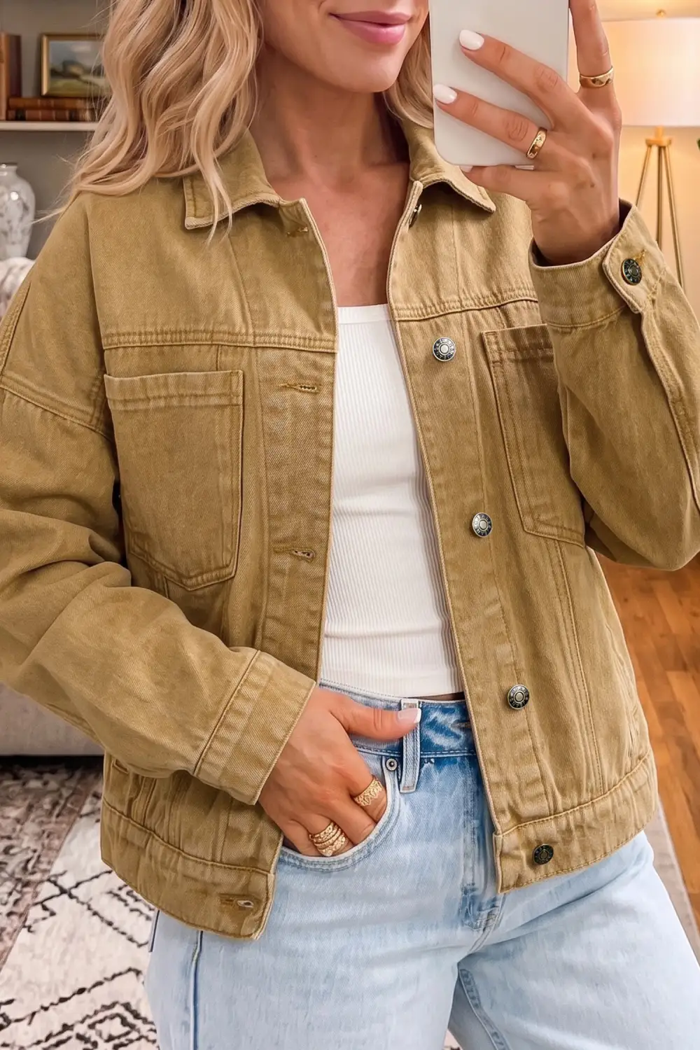 Button-Front Collared Denim Jacket