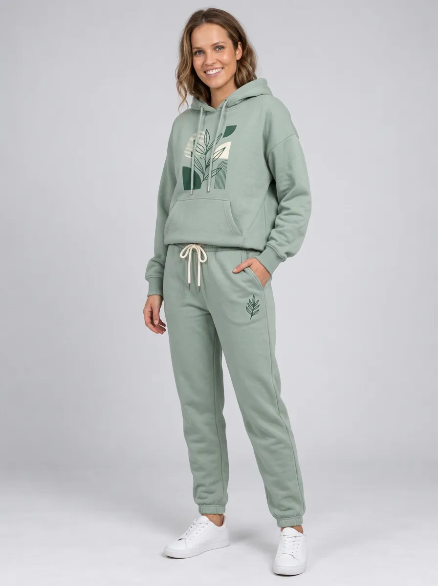 Women's Sage Green Kangaroo Pocket Solid Hoodie & Pants Set