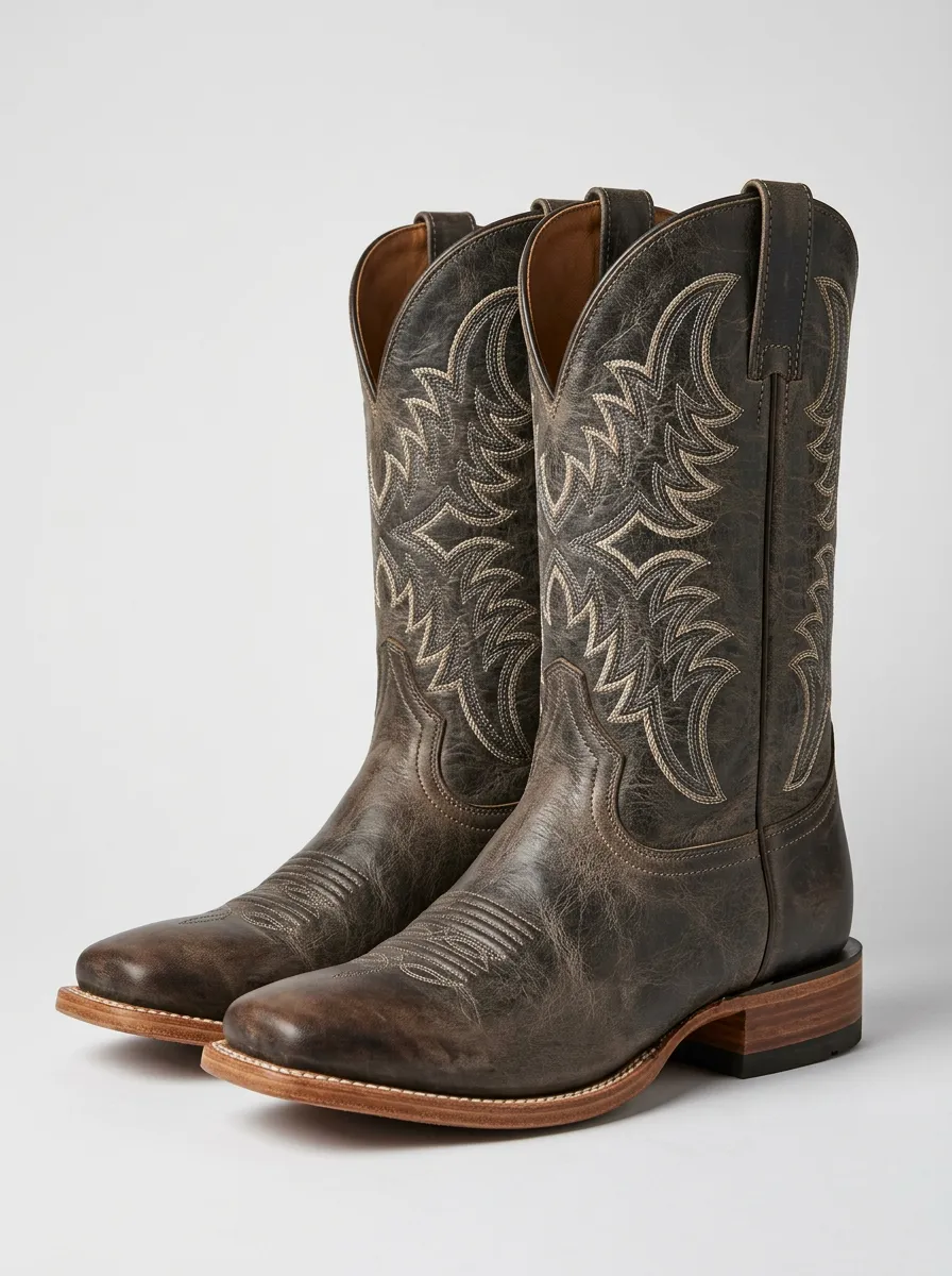 Western Heritage Embroidered Distressed Leather-Look Frontier Look Men's Western Cowboy Boots