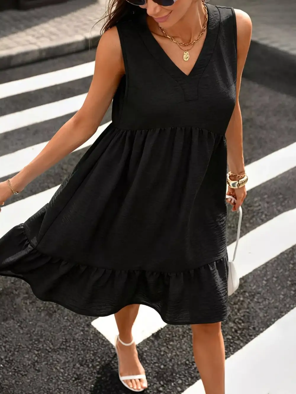 V Neck Ruffle Sleeveless Casual Dress