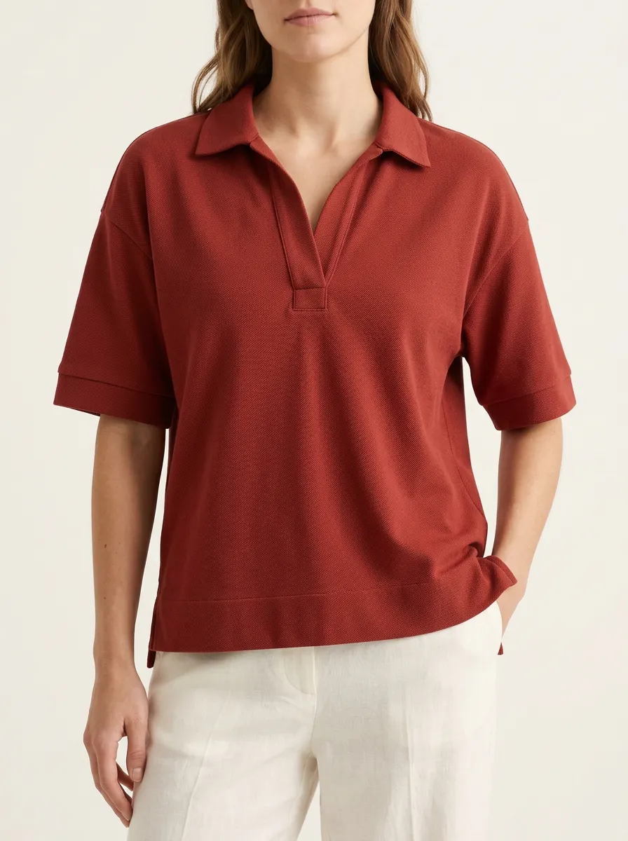 Women's Rich Rust V Neck Polo with Relaxed Sleeves