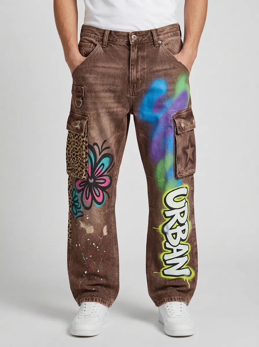 Men's Streetwear Urban Graffiti Leopard Flower Graphic Cargo Jeans