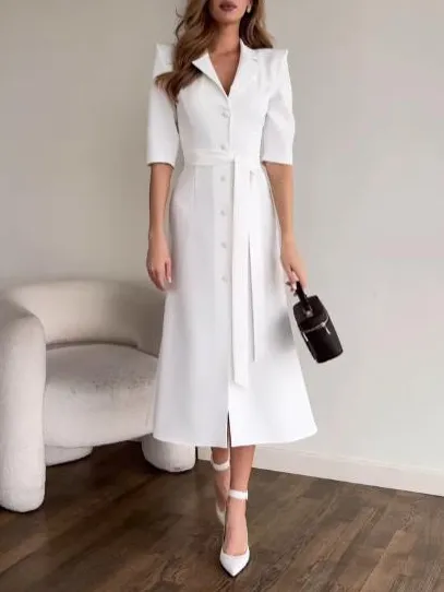 Elegant Single Breasted Shirt Midi Dress