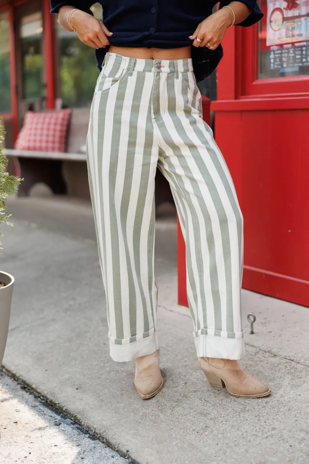 Barrel Rolled-Cuff Striped Jeans