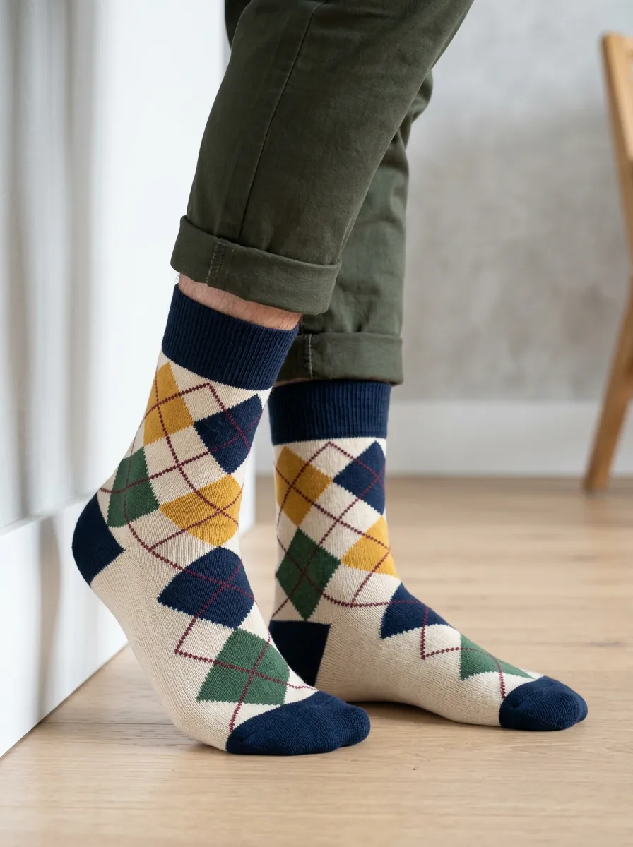 Men's Everyday Multi-Color Argyle Pattern Crew Striped Pattern Socks