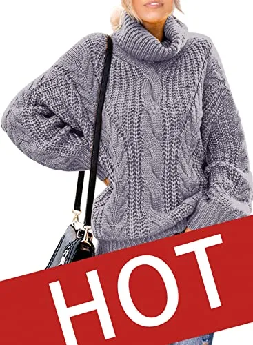 Womens Turtle Cowl Neck Solid Color Soft Comfy Cable Knit Pullover Sweaters S-2XL
