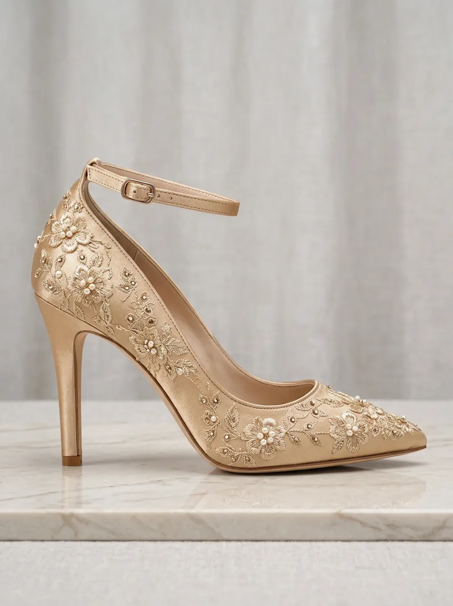 Pearl Floral Embroidered Ankle-Strap Women's Formal High Heels