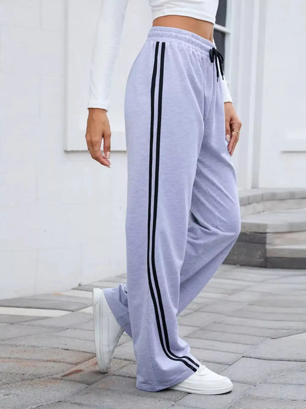 Wide Leg Striped Drawstring Everyday Pants
