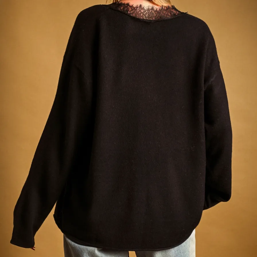 Eyelash Lace V-Neck Long-Sleeve Top