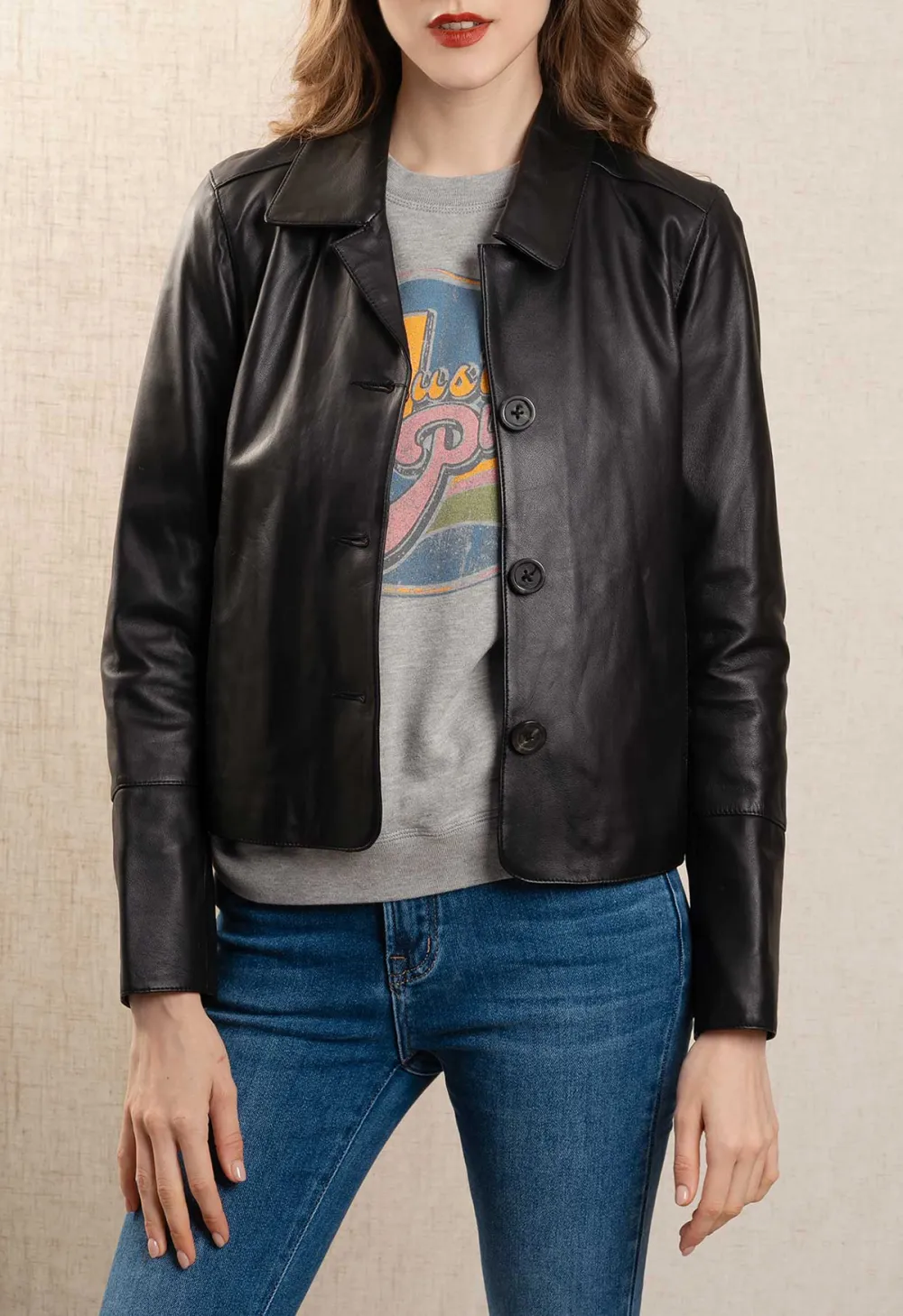 Casual Fit Leather Jacket with Patchwork