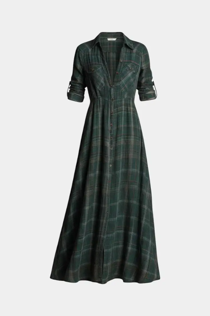 Shirt-Style Plaid Maxi Dress