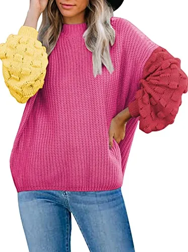 Women's Cute Oversized Crewneck Loose Puff Sleeves Chunky Knit Pullover Sweater