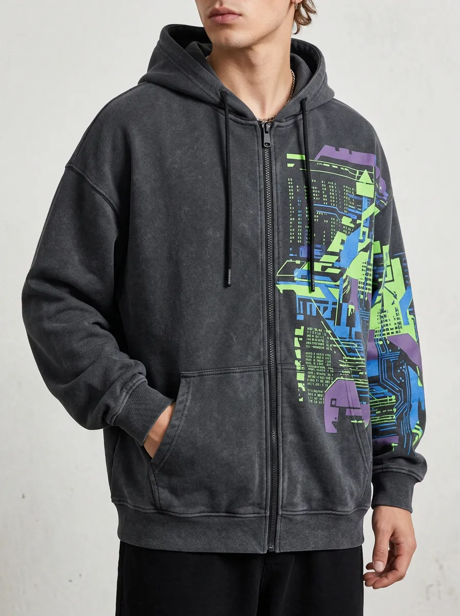 Men's Cyberpunk Techwear Neon Graphic Printed Zip Up Hoodie