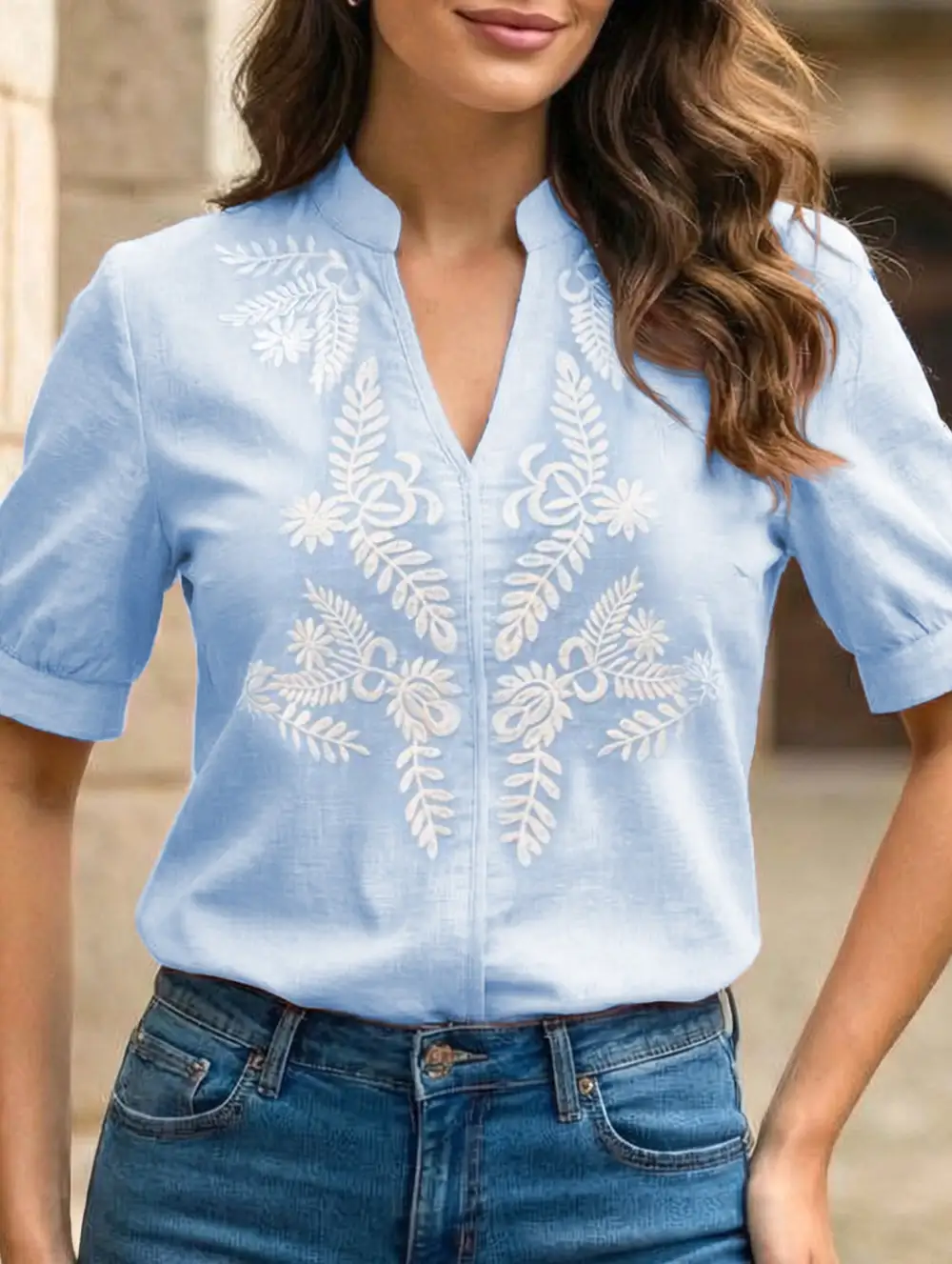 Everyday V Neck Embroidered Blouse