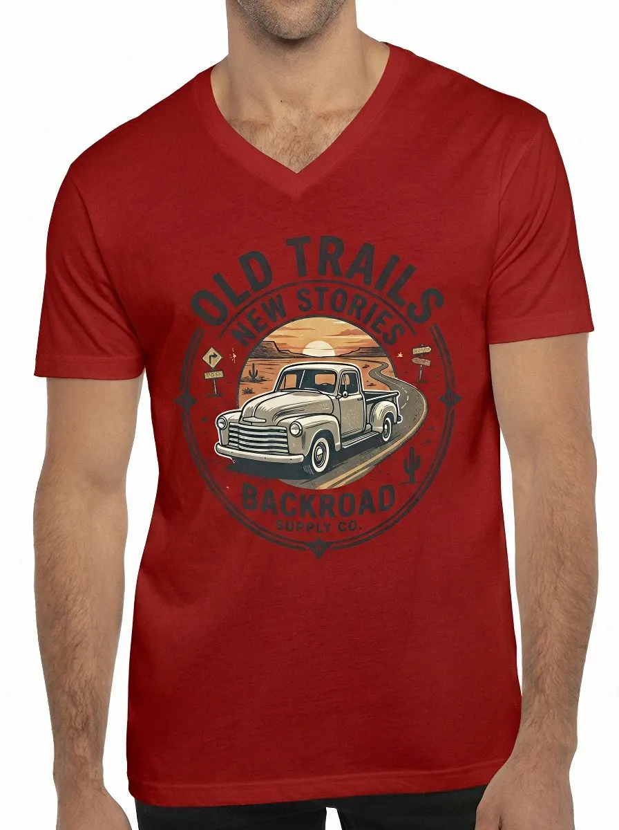 Men's Vintage Truck Desert Road Printed V-Neck T-Shirt