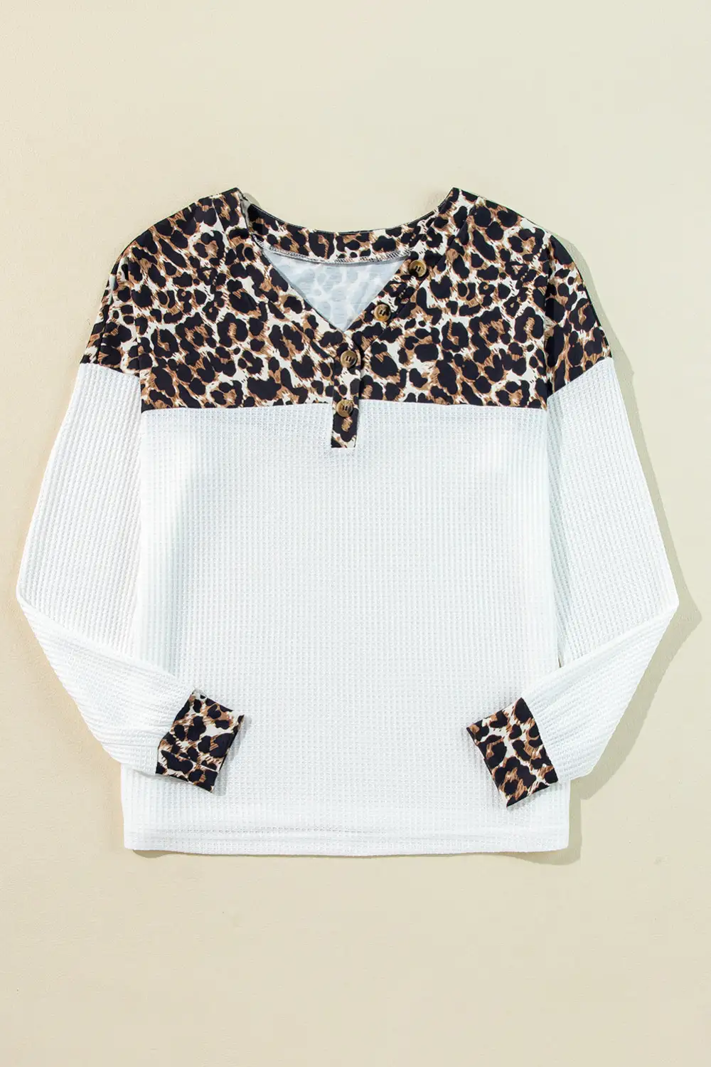 Women's Leopard Print Waffle Knit V Neck Top