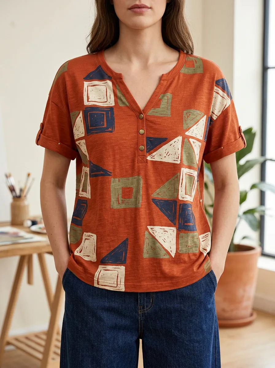 Women's Geometric Art Pattern Printed Henley Shirt