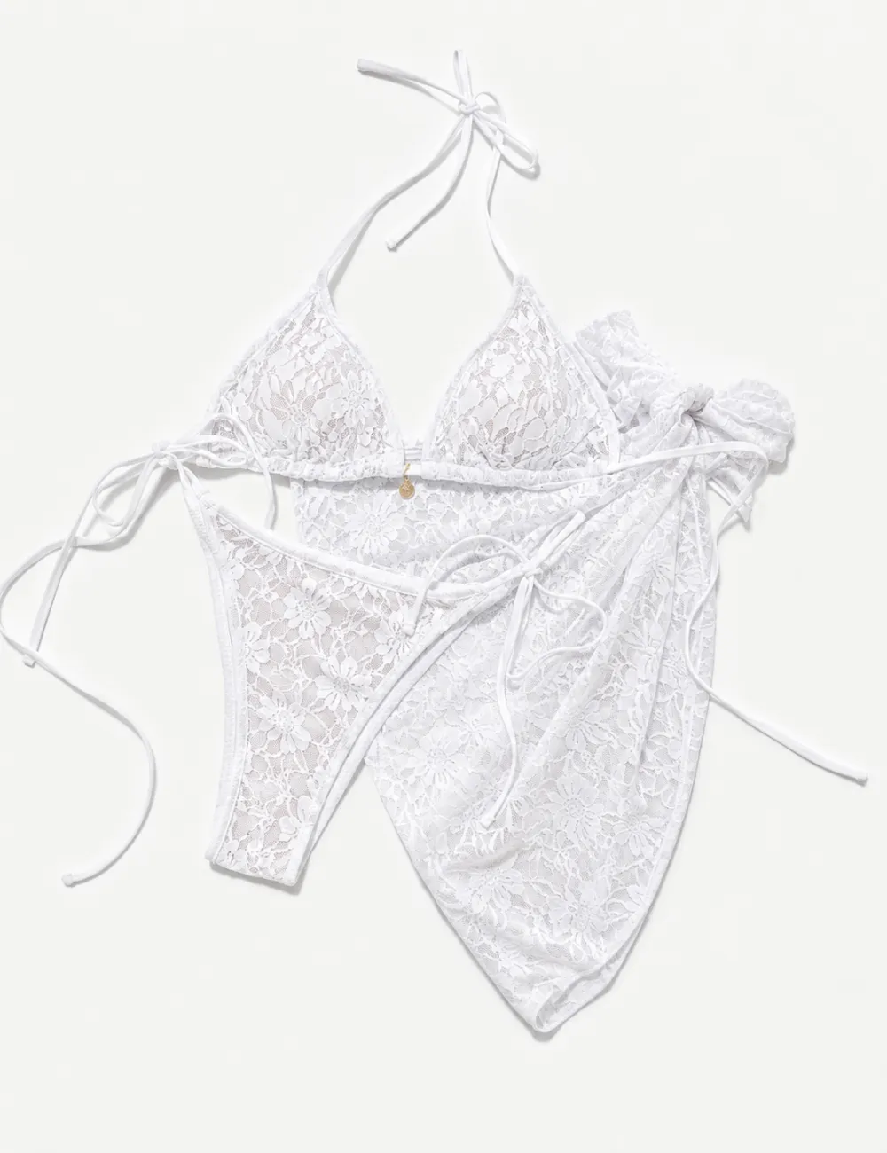 Lace Mesh Triangle Bikini Set with Sarong Set