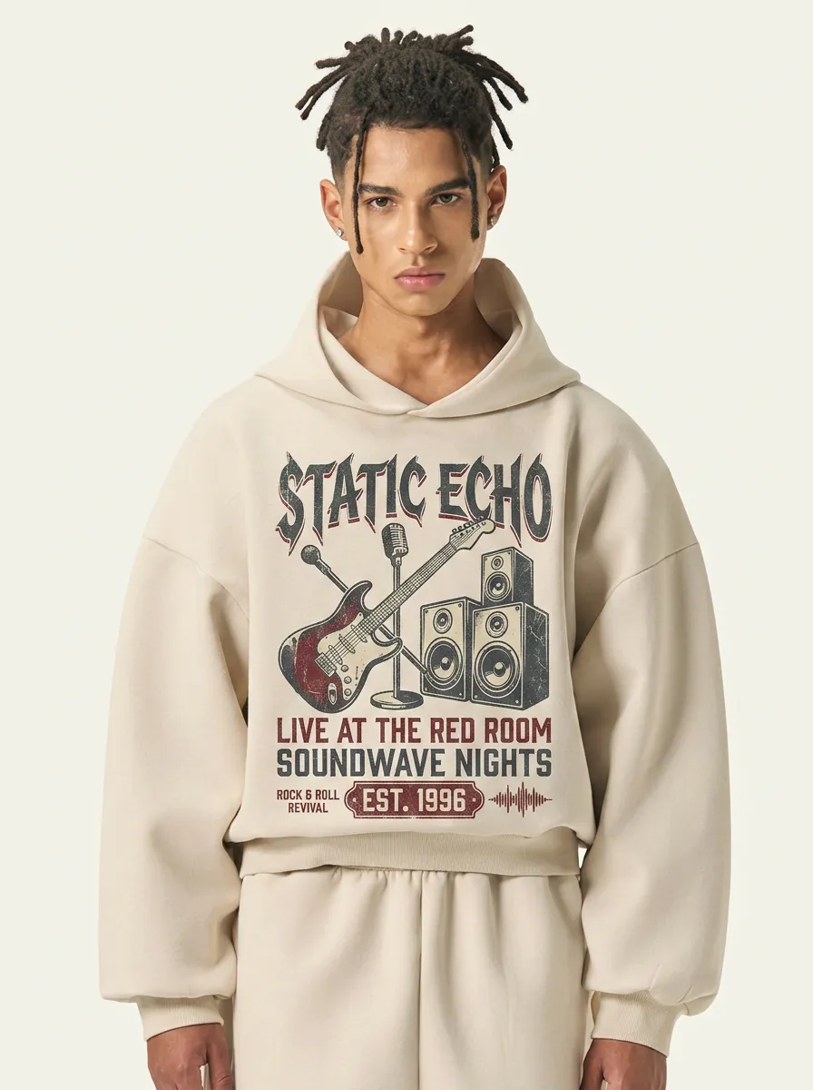 Men's Rock Band Static Echo Guitar Speaker Printed Hoodie