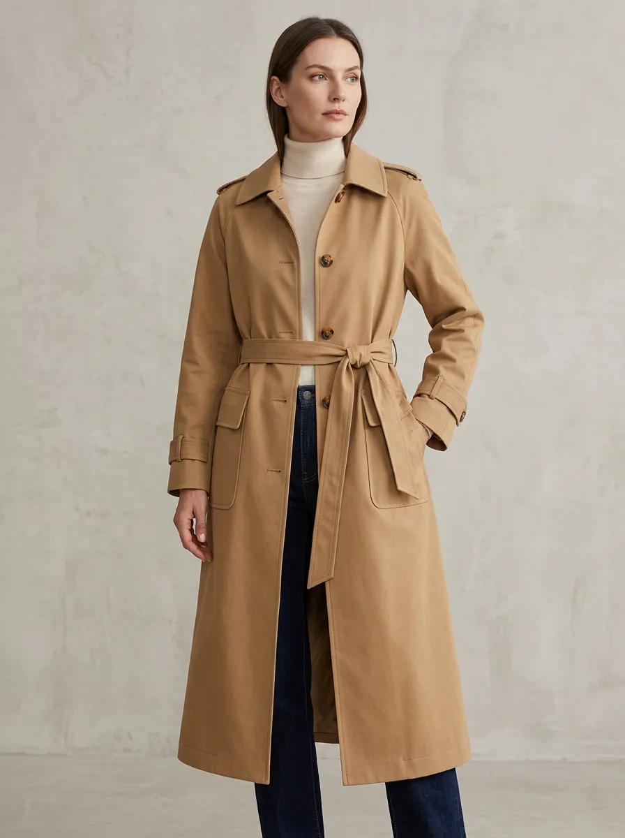 Women's Relaxed Belted Classic Long Trench Coat
