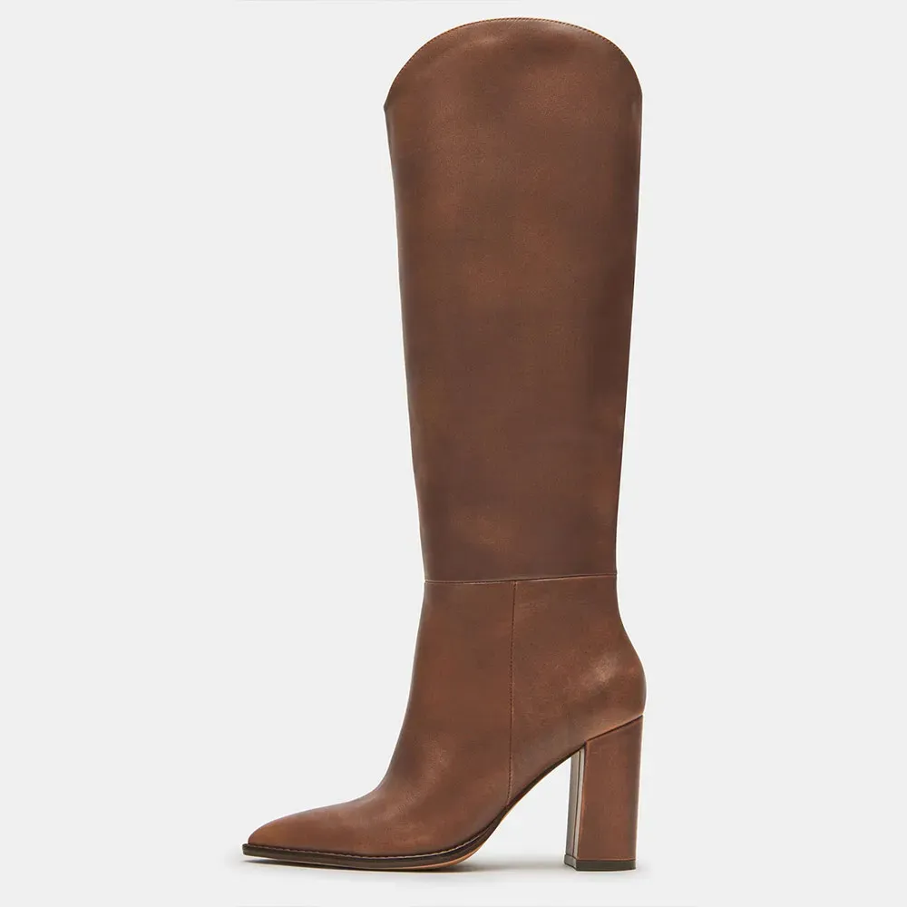 Classic Faux-Leather Pointed-Toe Chunky-Heel Platform Knee-High Boots