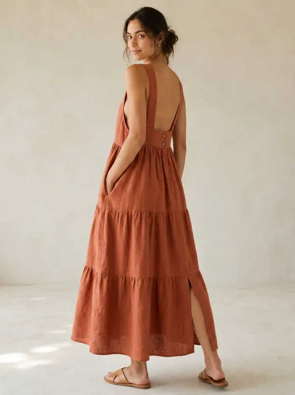 Women's Casual Tiered Linen Maxi Backless Dress