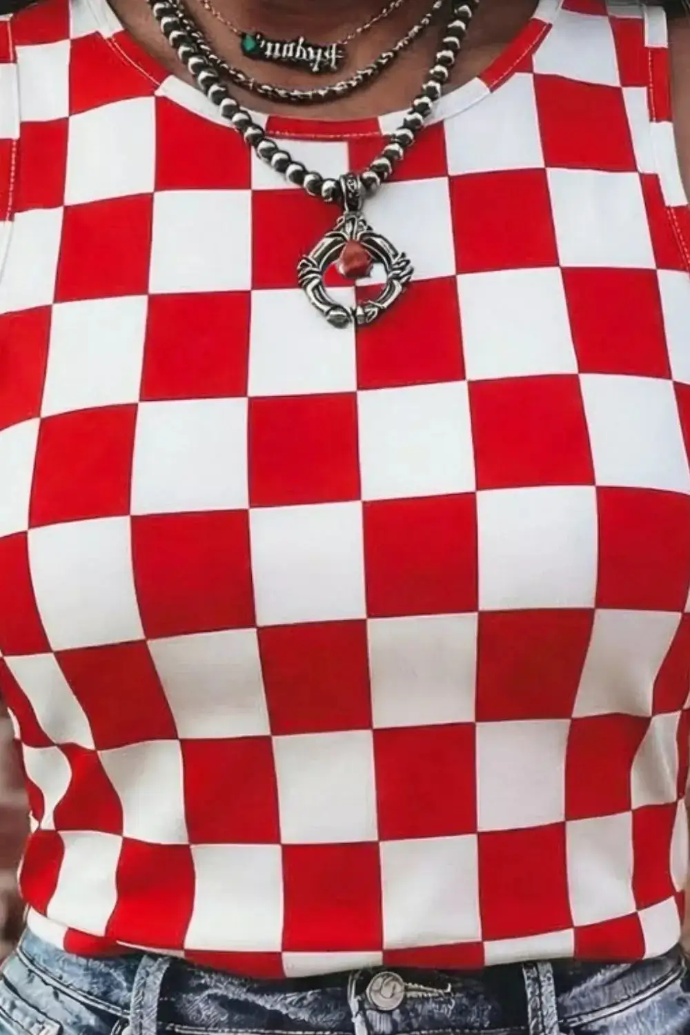 Checkered Print Round Neck Tank