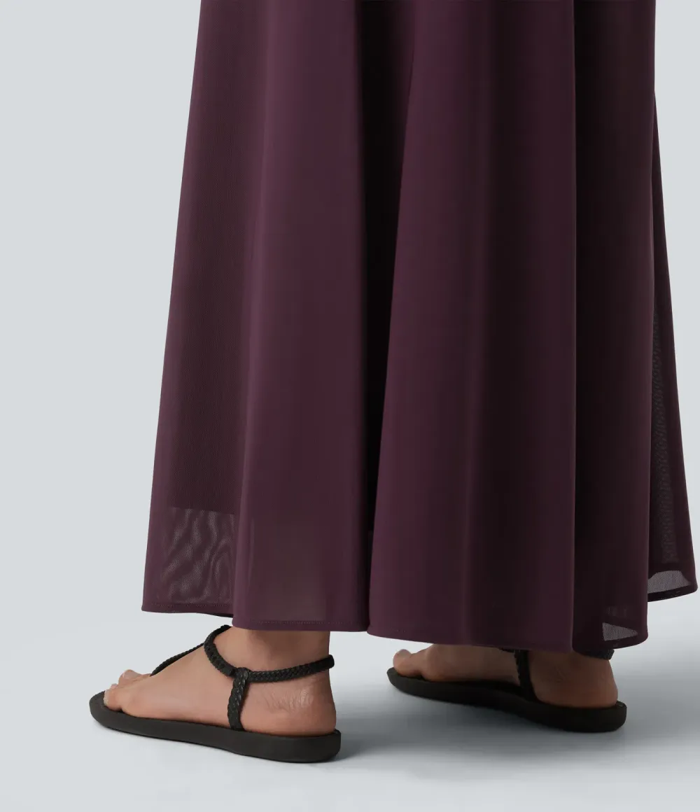 High Waisted Pocket Mesh Overlay Wide Leg Casual Pants