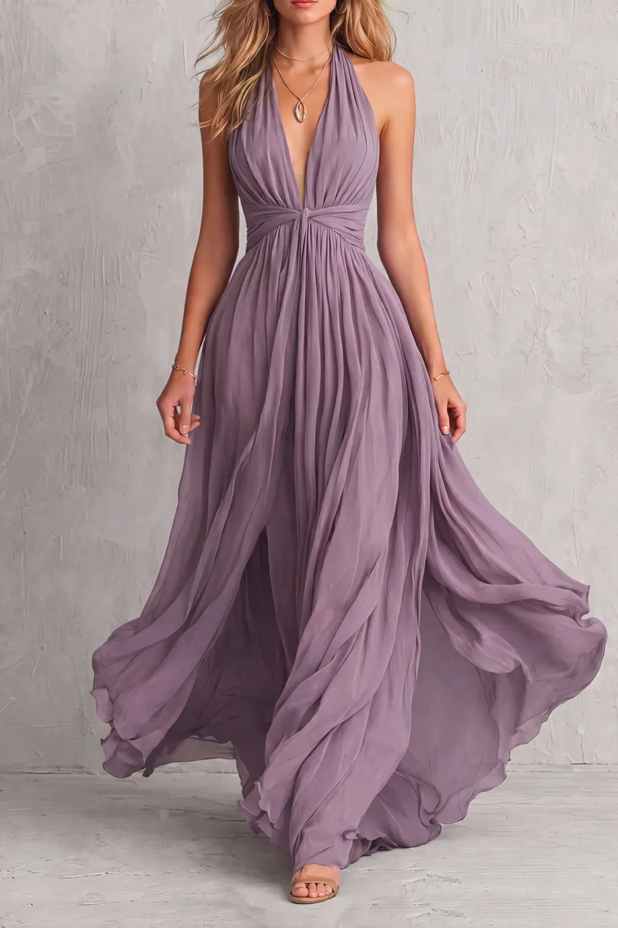 Halter Neck Ruched Maxi Dress