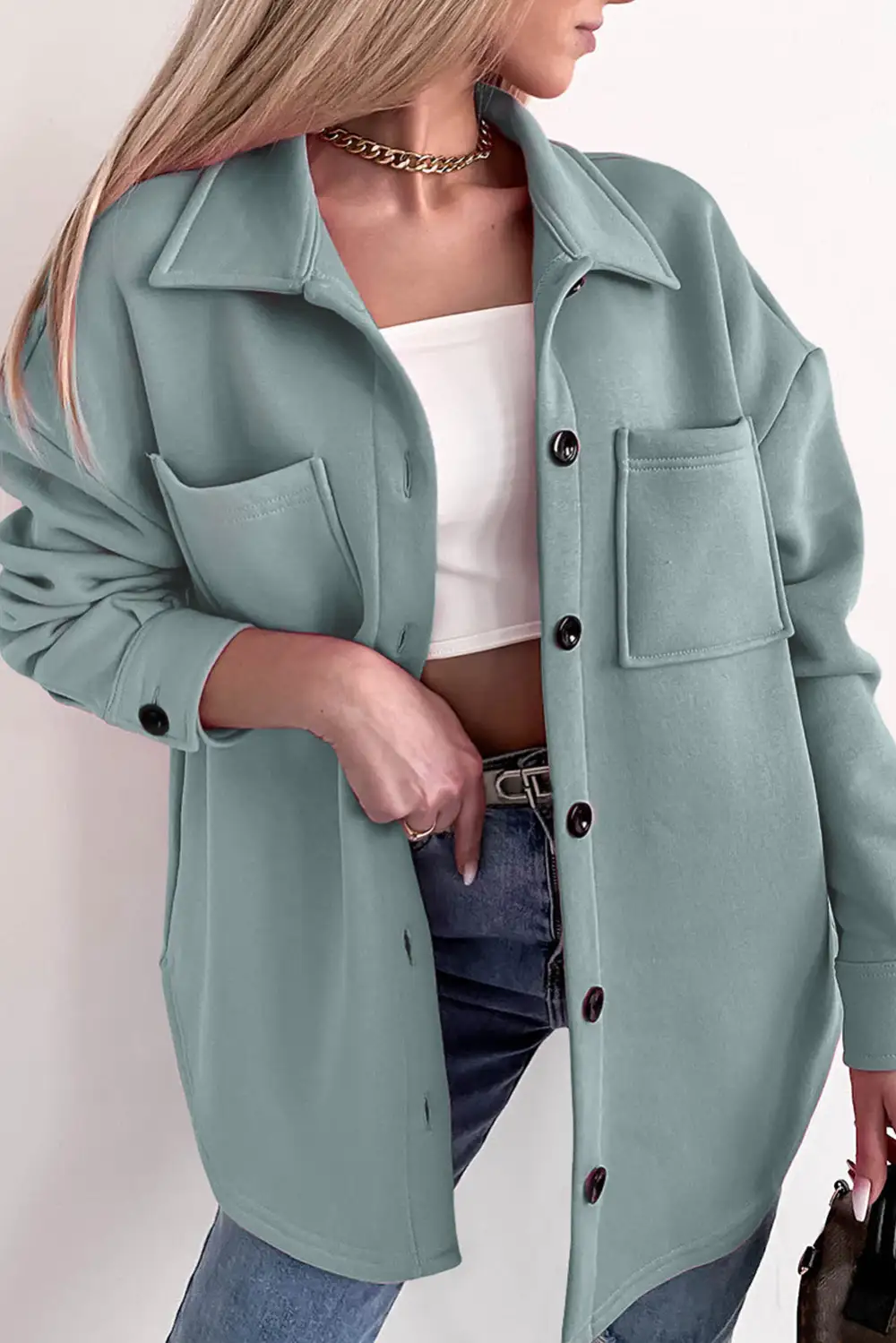 Pocket Button-Up Long Sleeve Shirt Jacket