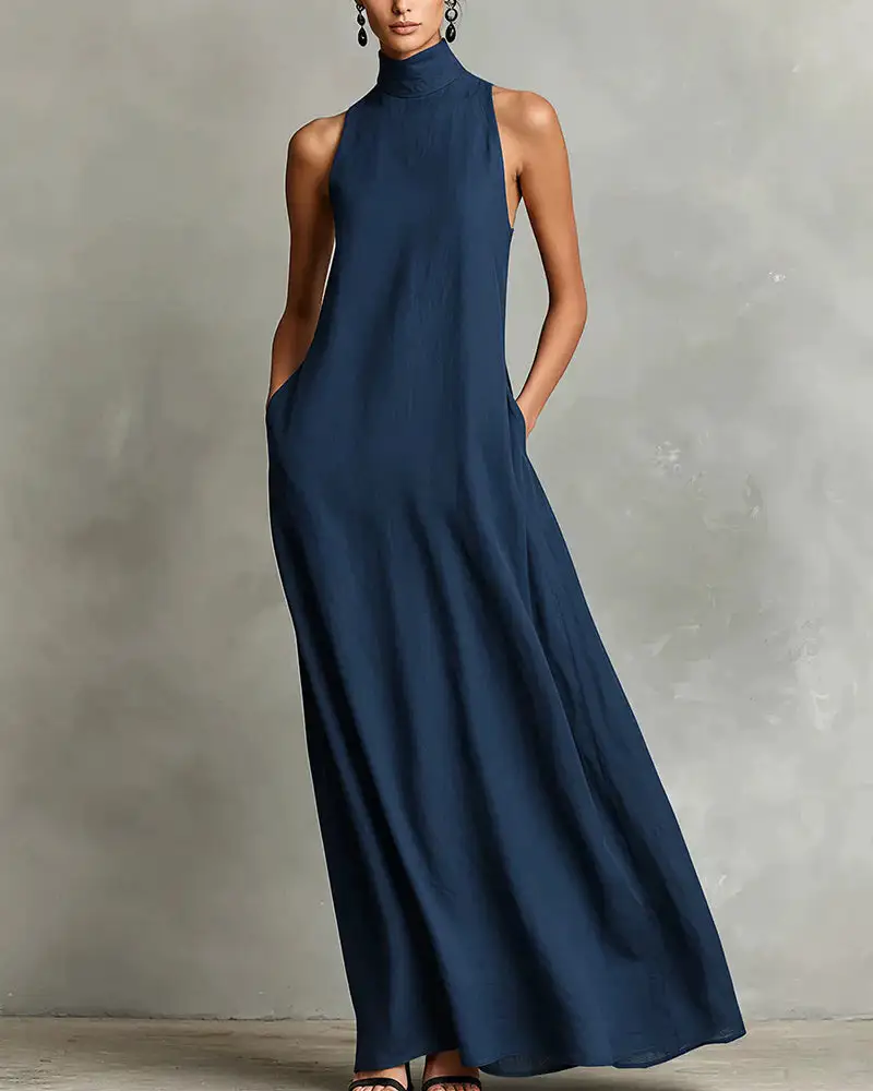 Effortless Linen Blend High Neck Maxi Dress With Pockets