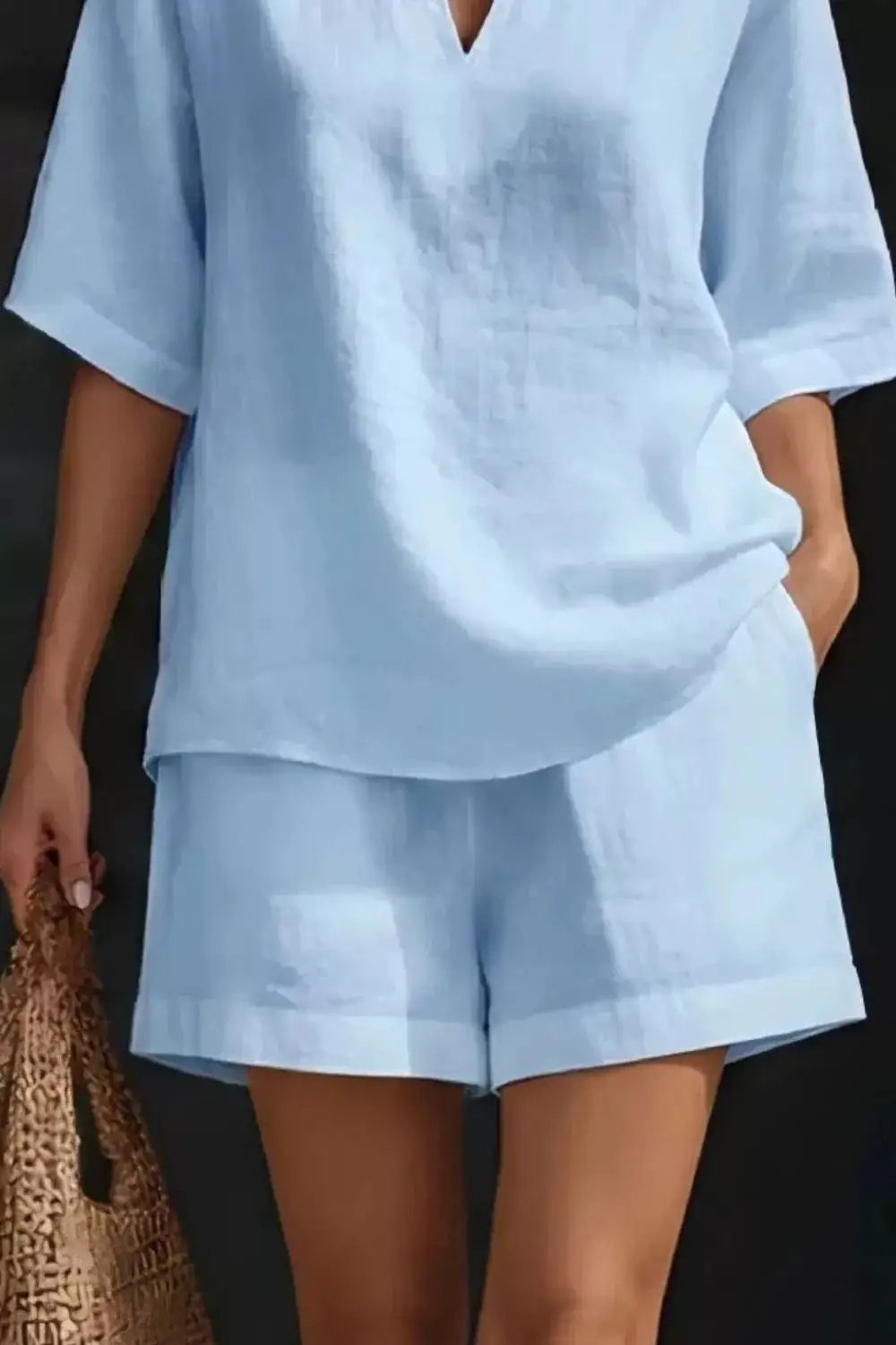 Relaxed Notched Half Sleeve Top and Shorts Set