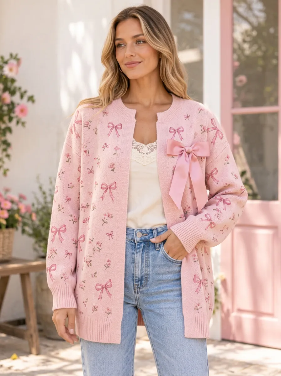 Women's Everyday Floral Coquette Ribbon Bow Printed Cardigan