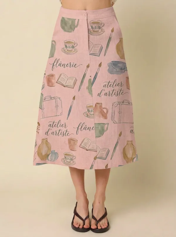 Women's Artist Studio Theme Coffee Book Paintbrush Printed Midi Skirt