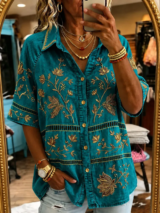 Women'S Retro Western Style Printed Casual Shirt