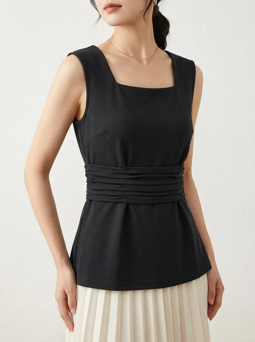 Modern Square-Neck Waist-Ruched Ruched Tank Top