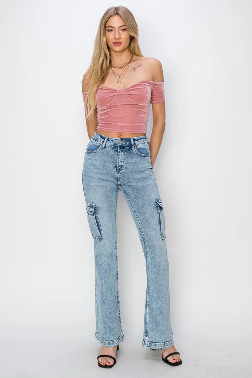 High Rise Cargo Flared Detail Denim Jeans