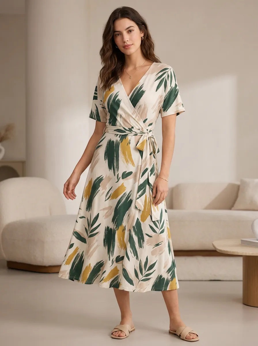 Women's Abstract Botanical Brushstroke Mid-Calf Wrap Dress