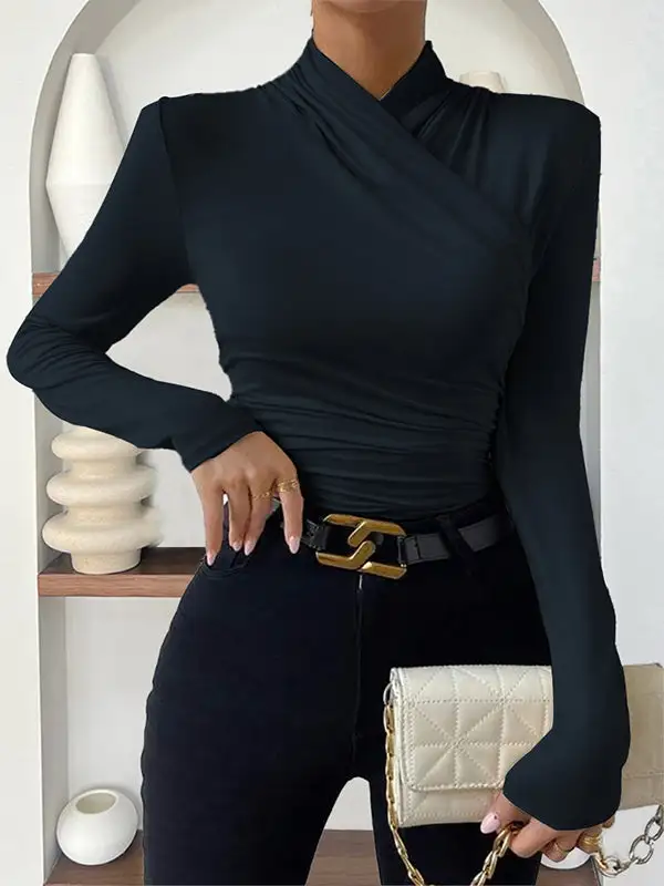 Long Sleeve Slim Fit Pleat Detail Mock Neck T-Shirt