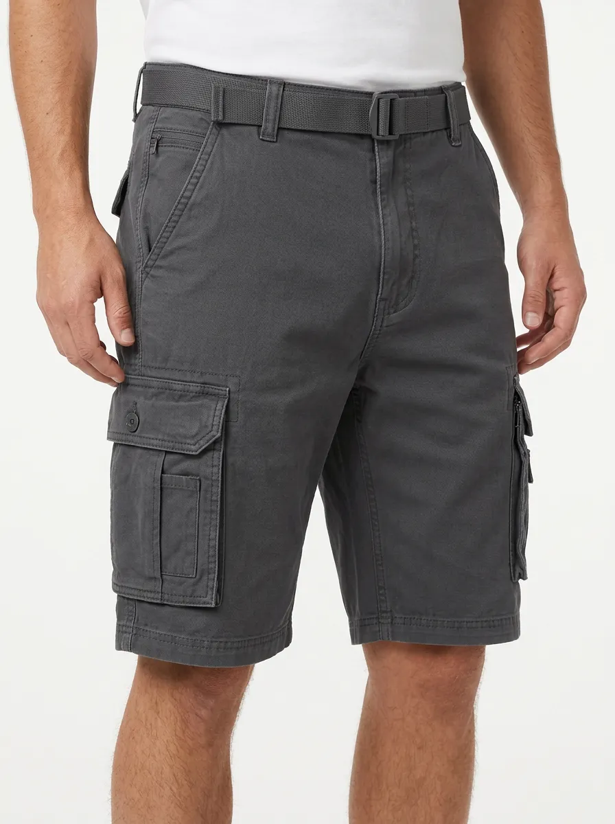 Men's Matching Web Belt Button-Flap Pockets Cargo Shorts