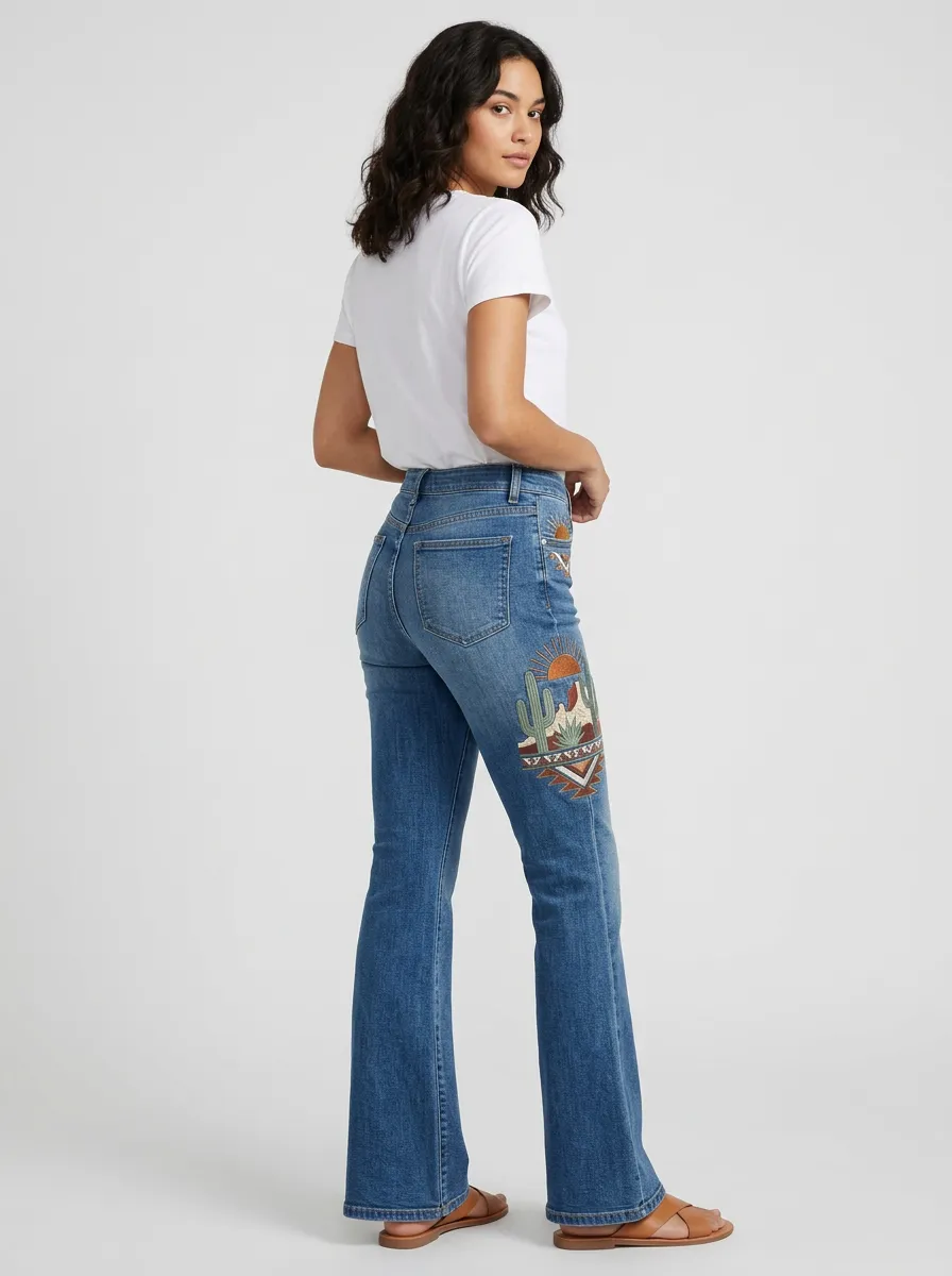 Women's Medium Wash Graphic Mid-Rise Flare Jeans