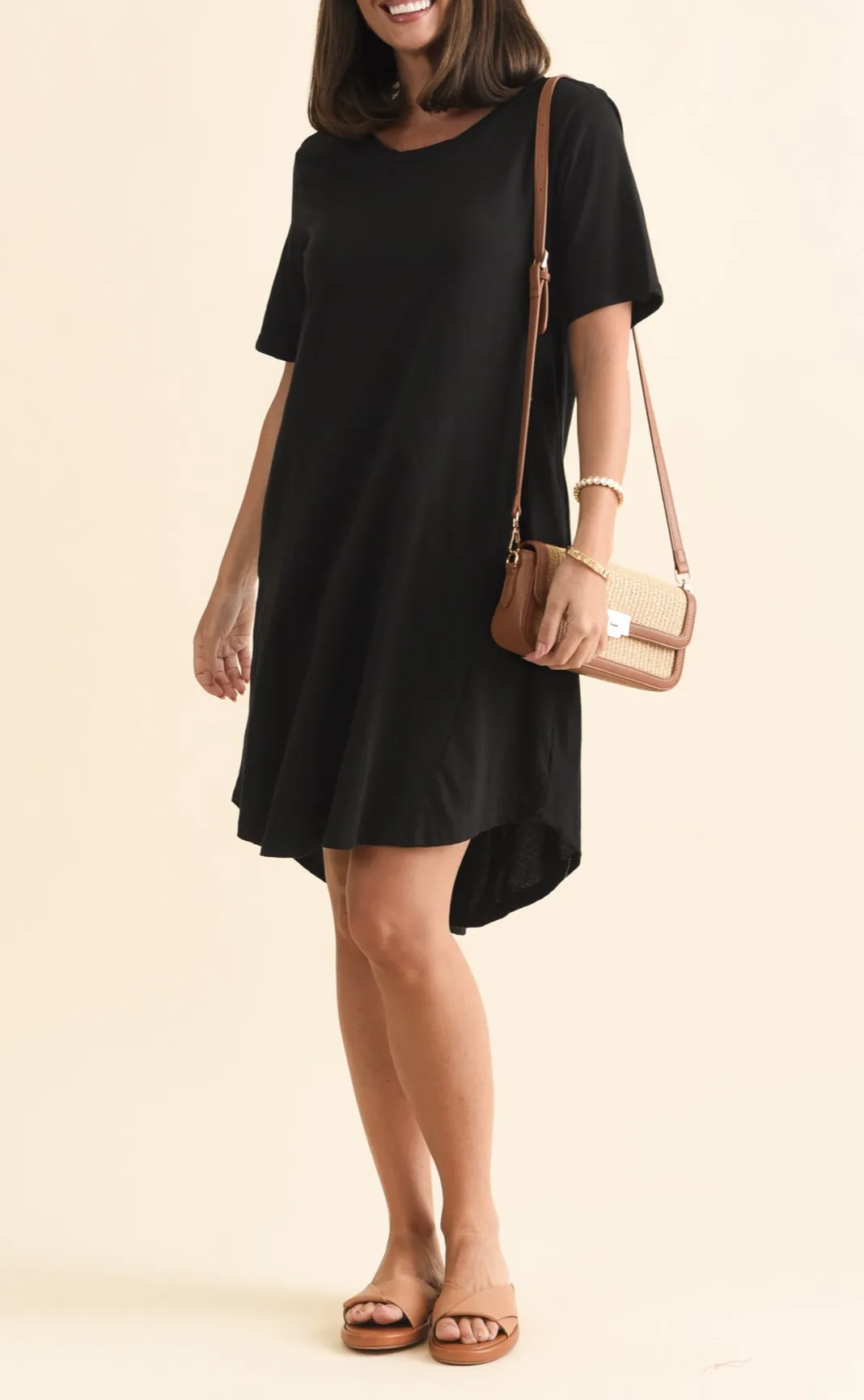 Cotton Pocket Round-Neck Short-Sleeve Draped High-Low-Hem Above-Knee T-Shirt Dress