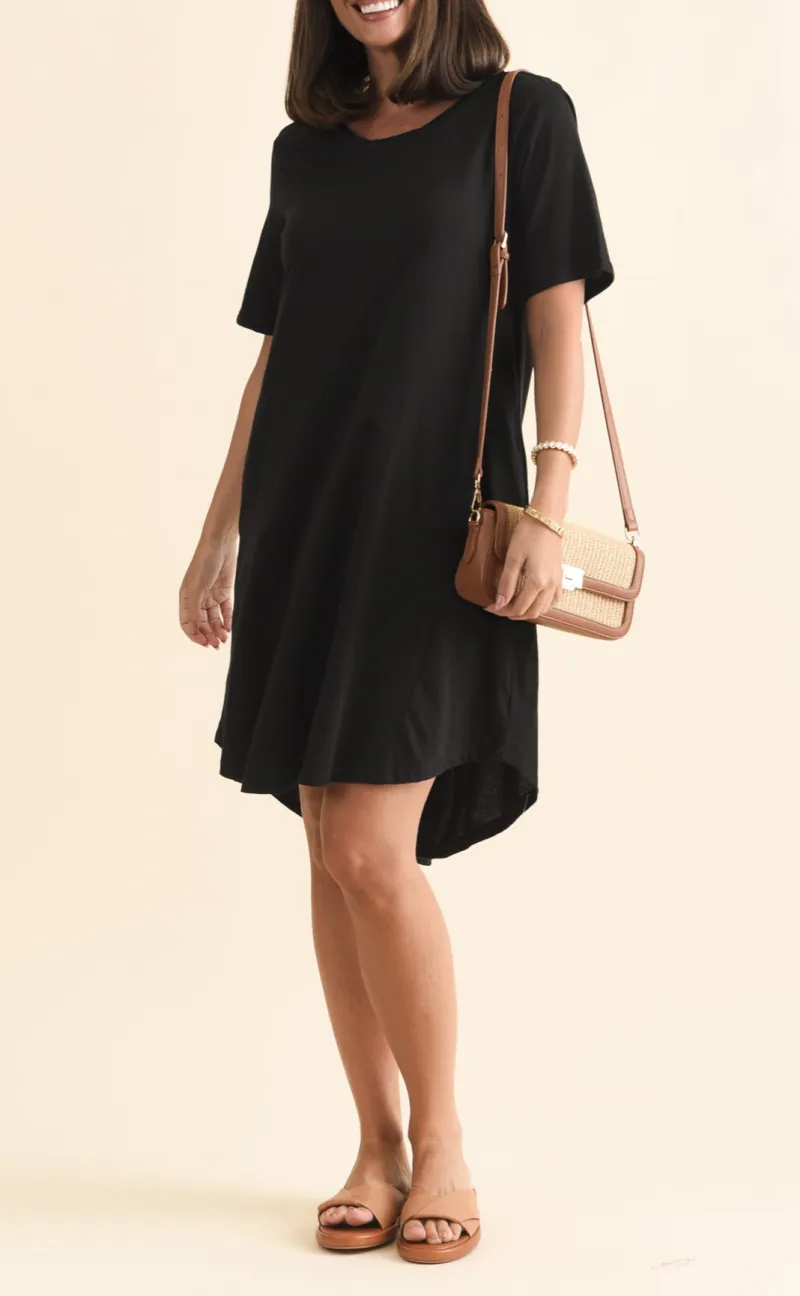 Cotton Pocket Round-Neck Short-Sleeve Draped High-Low-Hem Above-Knee T-Shirt Dress