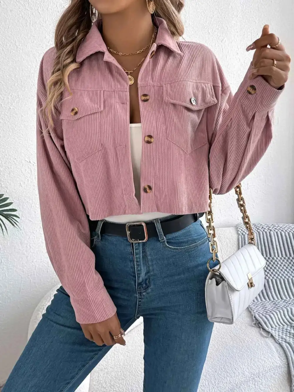 Corduroy Button-Up Dropped Shoulder Jacket