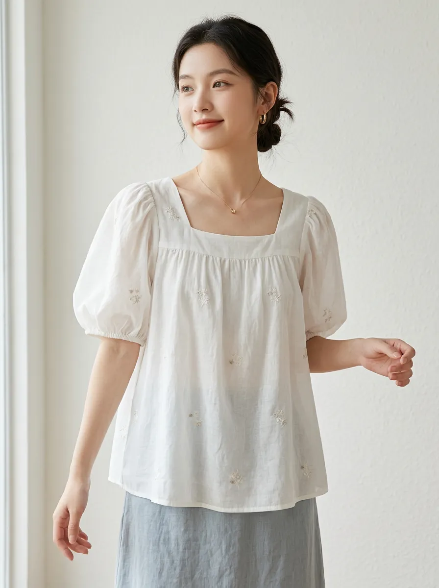 Vintage-Inspired Embroidered Women's Puff-Sleeve Blouse